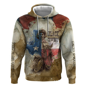 Bill Pickett Texas Flag Hoodie Black Cowboy - Vintage Grunge Watercolor - Horseback Rider Heritage