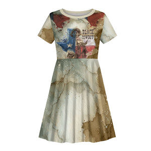 Bill Pickett Texas Flag Kid Short Sleeve Dress Black Cowboy - Vintage Grunge Watercolor - Horseback Rider Heritage