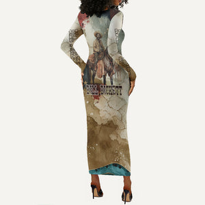 Bill Pickett Texas Flag Long Sleeve Bodycon Dress Black Cowboy - Vintage Grunge Watercolor - Horseback Rider Heritage