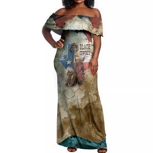 Bill Pickett Texas Flag Off Shoulder Maxi Dress Black Cowboy - Vintage Grunge Watercolor - Horseback Rider Heritage