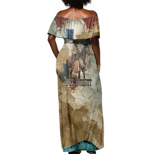 Bill Pickett Texas Flag Off Shoulder Maxi Dress Black Cowboy - Vintage Grunge Watercolor - Horseback Rider Heritage