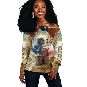 Bill Pickett Texas Flag Off Shoulder Sweater Black Cowboy - Vintage Grunge Watercolor - Horseback Rider Heritage