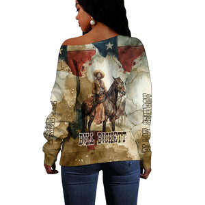 Bill Pickett Texas Flag Off Shoulder Sweater Black Cowboy - Vintage Grunge Watercolor - Horseback Rider Heritage