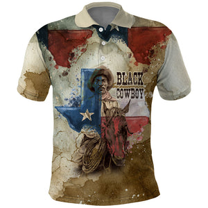 Bill Pickett Texas Flag Polo Shirt Black Cowboy - Vintage Grunge Watercolor - Horseback Rider Heritage
