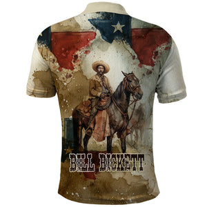 Bill Pickett Texas Flag Polo Shirt Black Cowboy - Vintage Grunge Watercolor - Horseback Rider Heritage