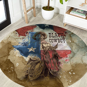 Bill Pickett Texas Flag Round Carpet Black Cowboy - Vintage Grunge Watercolor - Horseback Rider Heritage