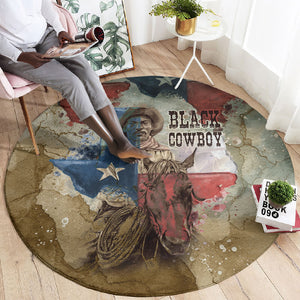 Bill Pickett Texas Flag Round Carpet Black Cowboy - Vintage Grunge Watercolor - Horseback Rider Heritage