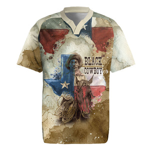 Bill Pickett Texas Flag Rugby Jersey Black Cowboy - Vintage Grunge Watercolor - Horseback Rider Heritage