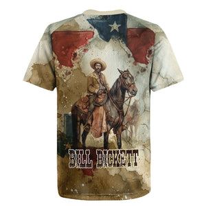 Bill Pickett Texas Flag Rugby Jersey Black Cowboy - Vintage Grunge Watercolor - Horseback Rider Heritage