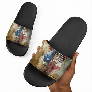 Bill Pickett Texas Flag Slide Sandals Black Cowboy - Vintage Grunge Watercolor - Horseback Rider Heritage