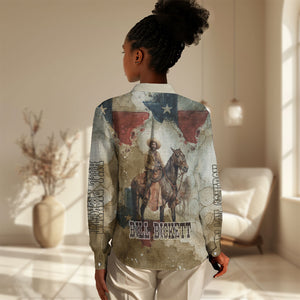 Bill Pickett Texas Flag Women Casual Shirt Black Cowboy - Vintage Grunge Watercolor - Horseback Rider Heritage