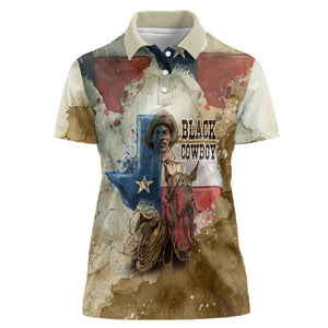 Bill Pickett Texas Flag Women Polo Shirt Black Cowboy - Vintage Grunge Watercolor - Horseback Rider Heritage