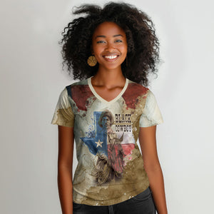 Bill Pickett Texas Flag Women V-Neck T-Shirt Black Cowboy - Vintage Grunge Watercolor - Horseback Rider Heritage