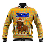 Buffalo Soldiers Christmas Baseball Jacket Yellow Cartoon Buffalo Santa Hat Design - African Pride