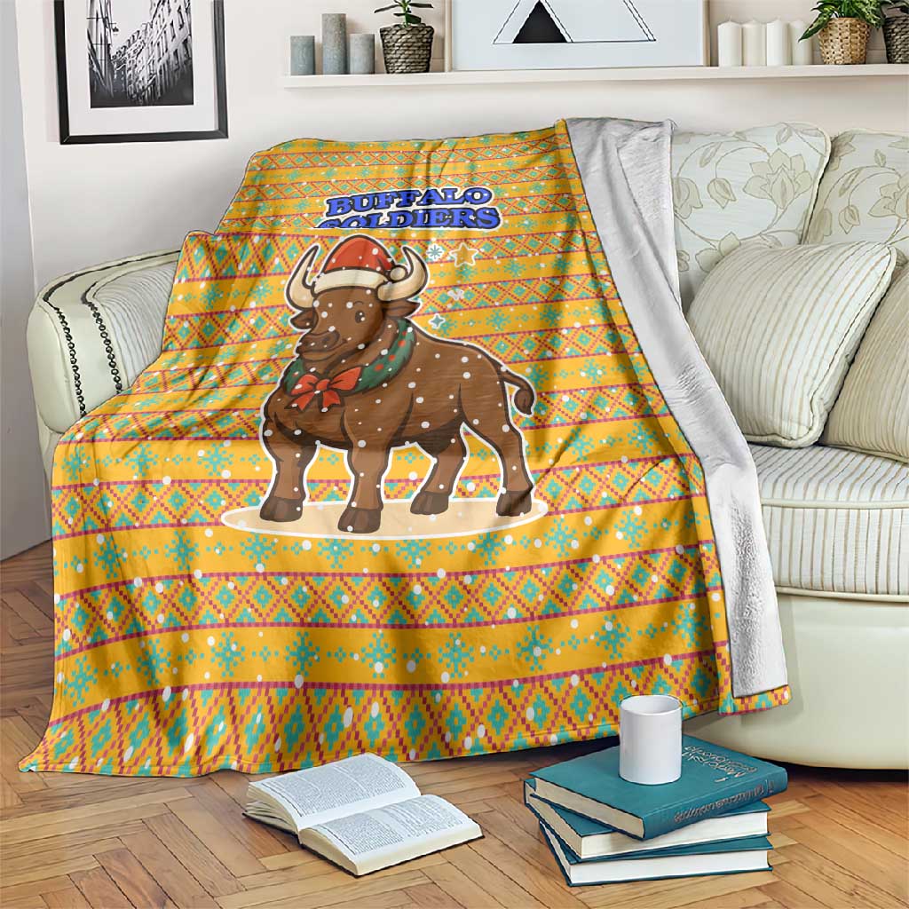 Buffalo Soldiers Christmas Blanket Yellow Cartoon Buffalo Santa Hat Design - African Pride