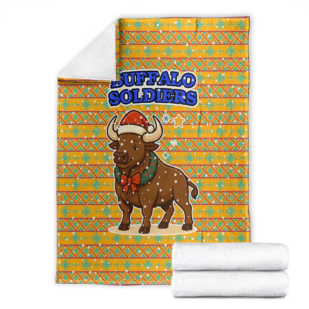 Buffalo Soldiers Christmas Blanket Yellow Cartoon Buffalo Santa Hat Design - African Pride