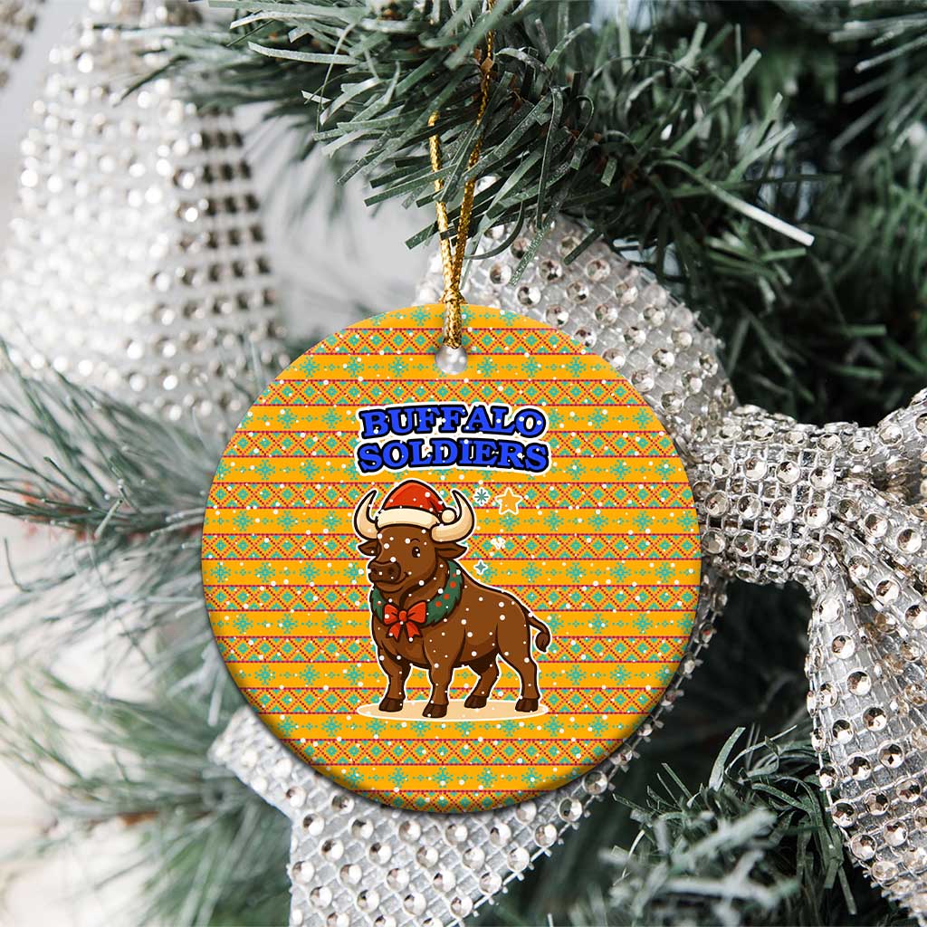 Buffalo Soldiers Christmas Ceramic Ornament Yellow Cartoon Buffalo Santa Hat Design - African Pride