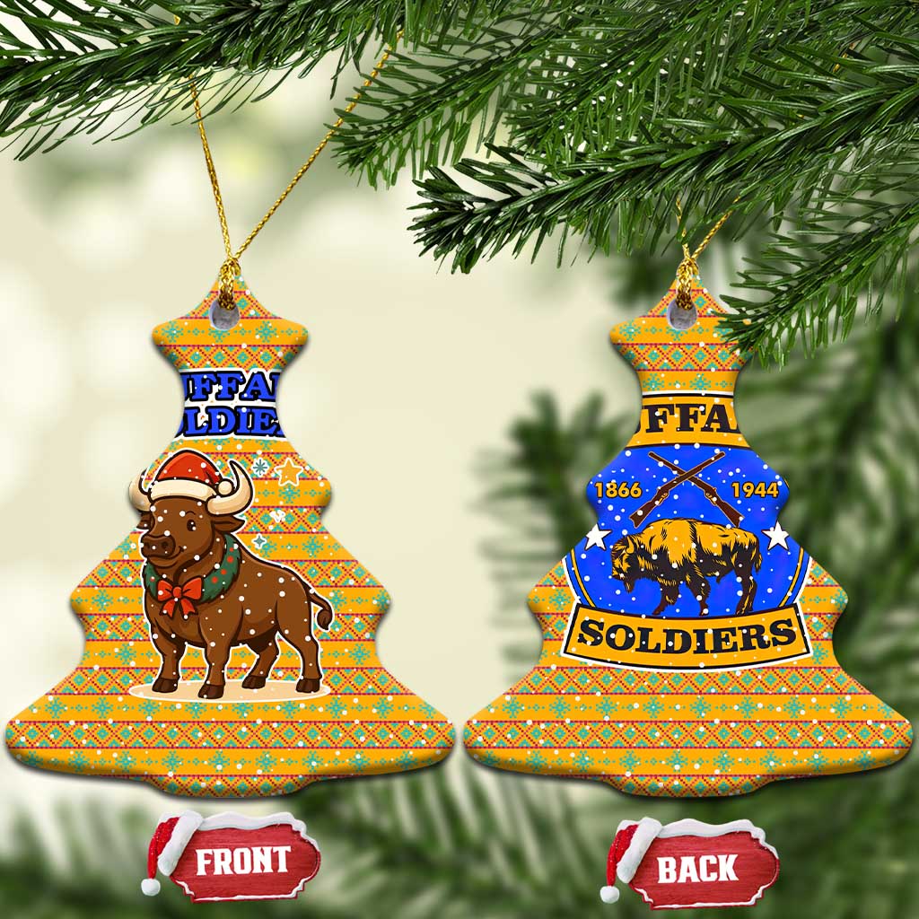 Buffalo Soldiers Christmas Ceramic Ornament Yellow Cartoon Buffalo Santa Hat Design - African Pride