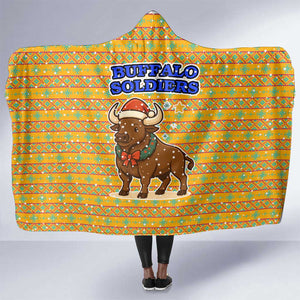 Buffalo Soldiers Christmas Hooded Blanket Yellow Cartoon Buffalo Santa Hat Design - African Pride