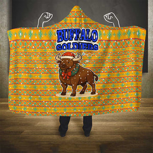 Buffalo Soldiers Christmas Hooded Blanket Yellow Cartoon Buffalo Santa Hat Design - African Pride
