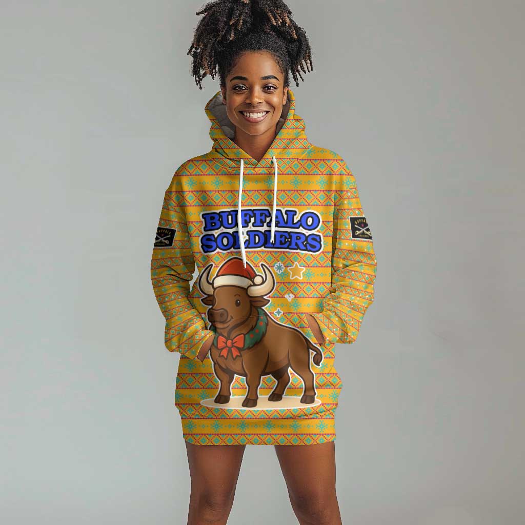 Buffalo Soldiers Christmas Hoodie Dress Yellow Cartoon Buffalo Santa Hat Design - African Pride