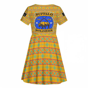 Buffalo Soldiers Christmas Kid Short Sleeve Dress Yellow Cartoon Buffalo Santa Hat Design - African Pride