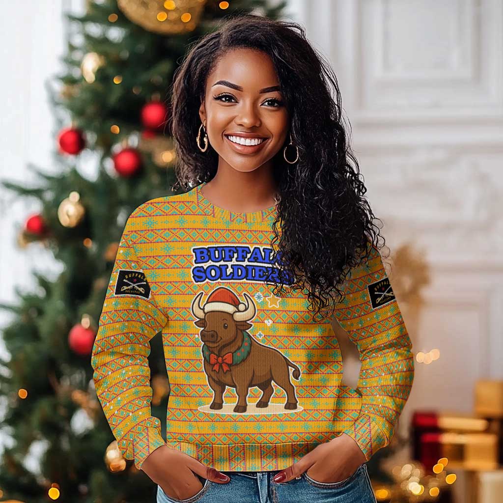 Buffalo Soldiers Christmas Ugly Christmas Sweater Yellow Cartoon Buffalo Santa Hat Design - African Pride
