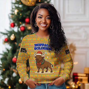 Buffalo Soldiers Christmas Ugly Christmas Sweater Yellow Cartoon Buffalo Santa Hat Design - African Pride