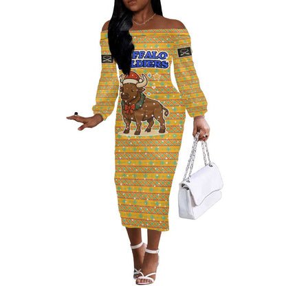 Buffalo Soldiers Christmas Off The Shoulder Long Sleeve Dress Yellow Cartoon Buffalo Santa Hat Design - African Pride