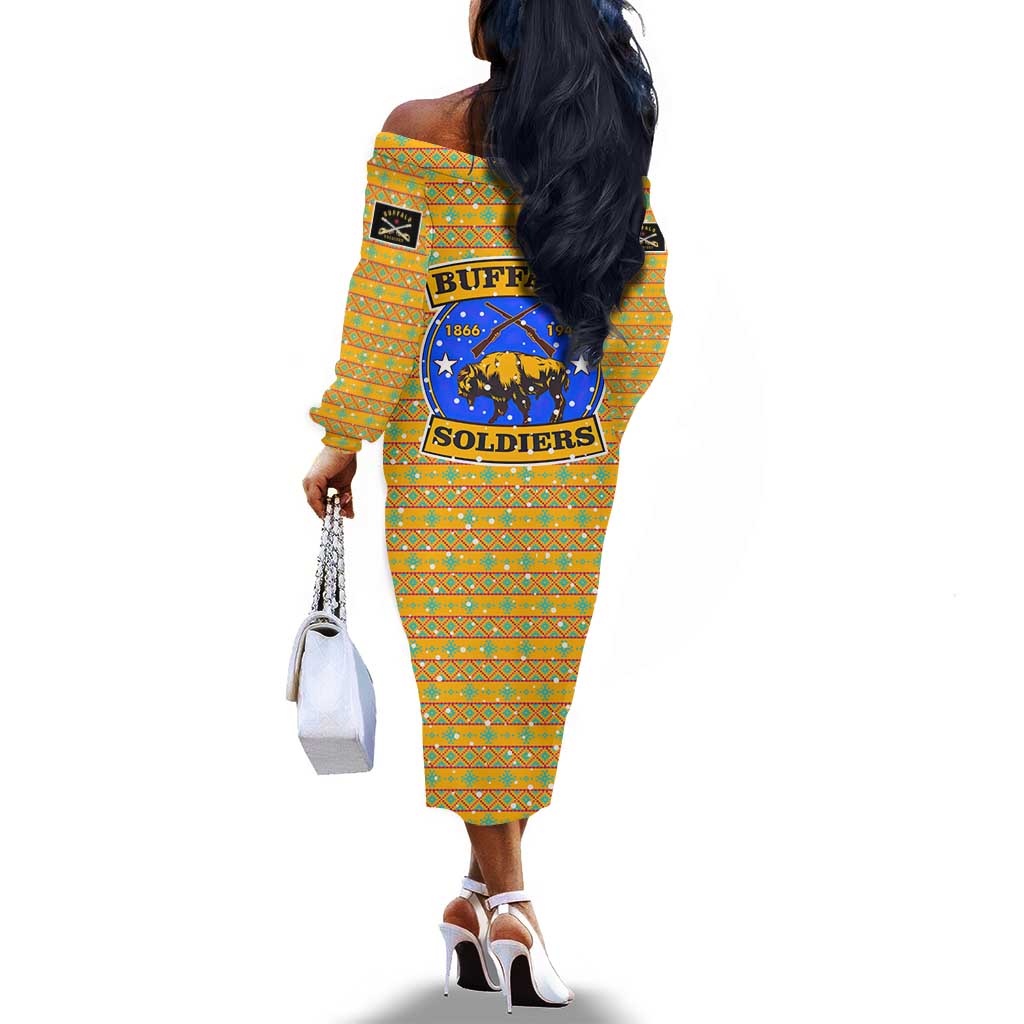 Buffalo Soldiers Christmas Off The Shoulder Long Sleeve Dress Yellow Cartoon Buffalo Santa Hat Design - African Pride
