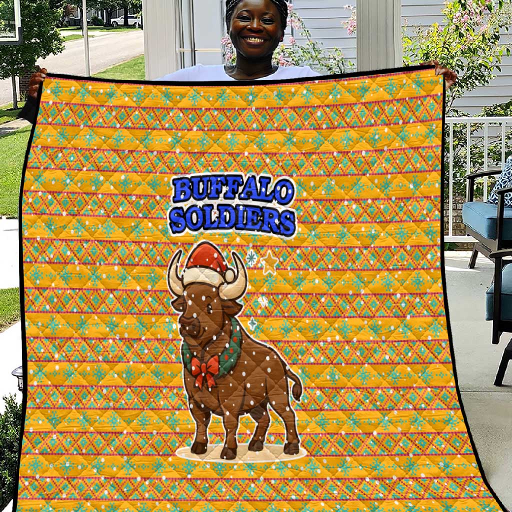 Buffalo Soldiers Christmas Quilt Yellow Cartoon Buffalo Santa Hat Design - African Pride