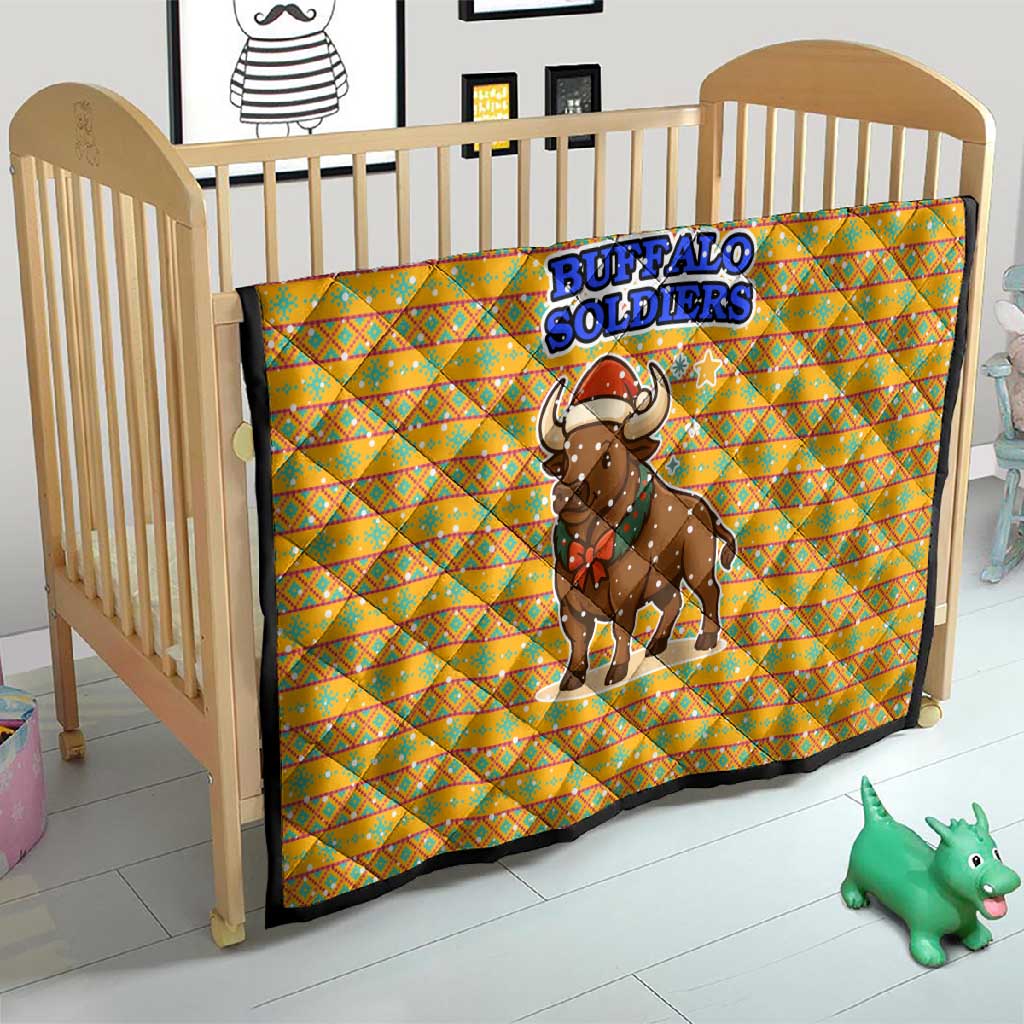 Buffalo Soldiers Christmas Quilt Yellow Cartoon Buffalo Santa Hat Design - African Pride