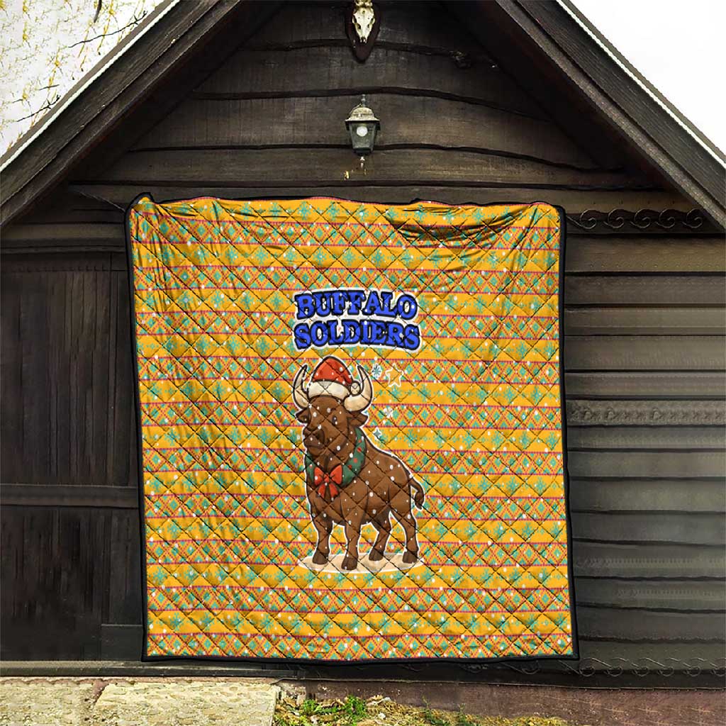 Buffalo Soldiers Christmas Quilt Yellow Cartoon Buffalo Santa Hat Design - African Pride