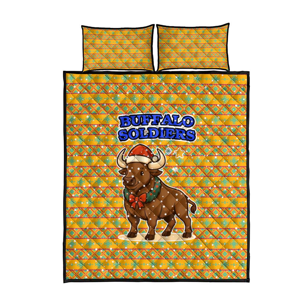 Buffalo Soldiers Christmas Quilt Bed Set Yellow Cartoon Buffalo Santa Hat Design - African Pride