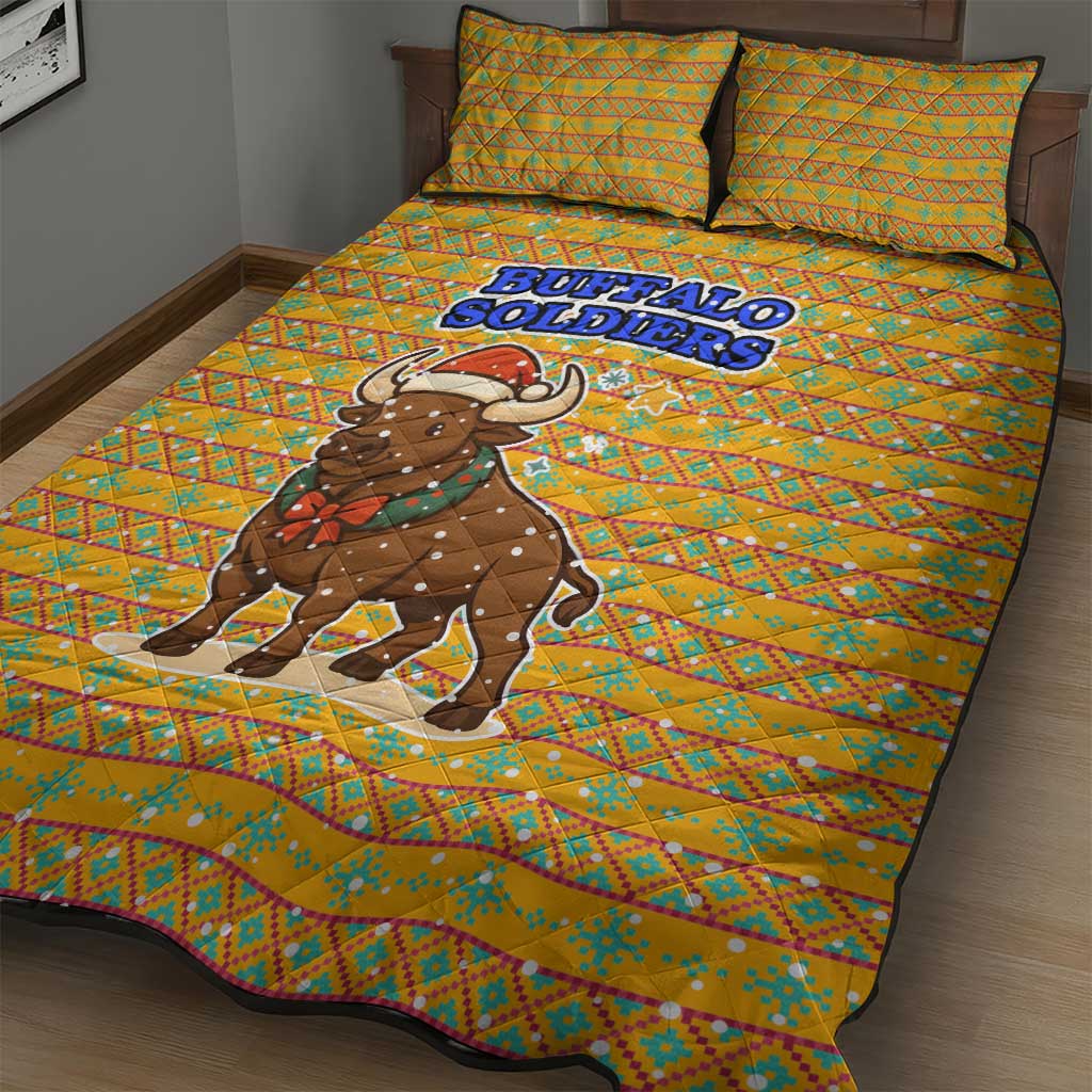 Buffalo Soldiers Christmas Quilt Bed Set Yellow Cartoon Buffalo Santa Hat Design - African Pride