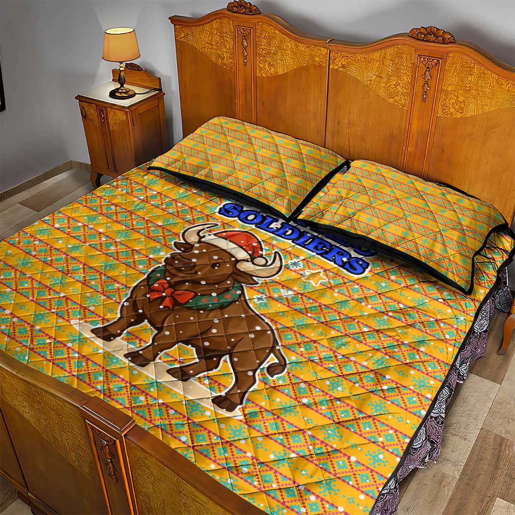Buffalo Soldiers Christmas Quilt Bed Set Yellow Cartoon Buffalo Santa Hat Design - African Pride