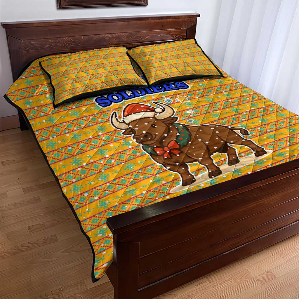 Buffalo Soldiers Christmas Quilt Bed Set Yellow Cartoon Buffalo Santa Hat Design - African Pride