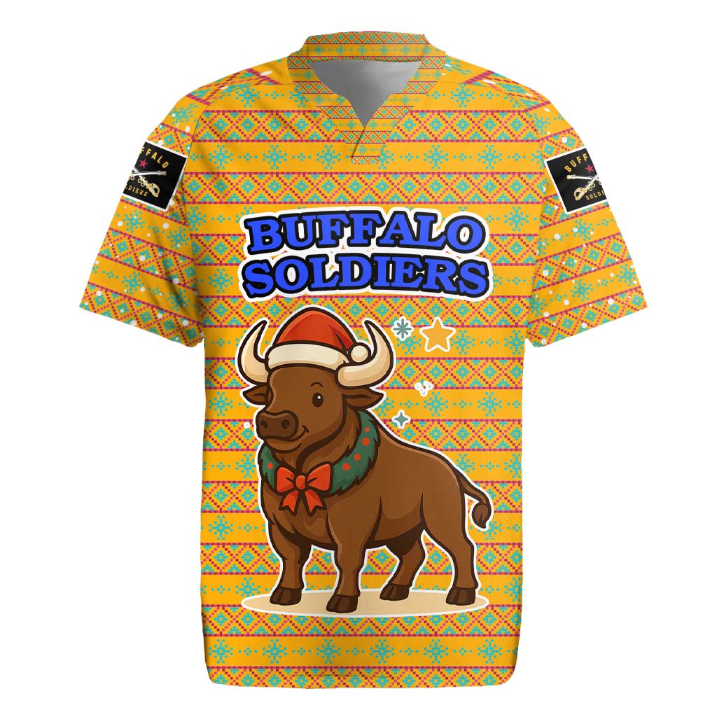 Buffalo Soldiers Christmas Rugby Jersey Yellow Cartoon Buffalo Santa Hat Design - African Pride