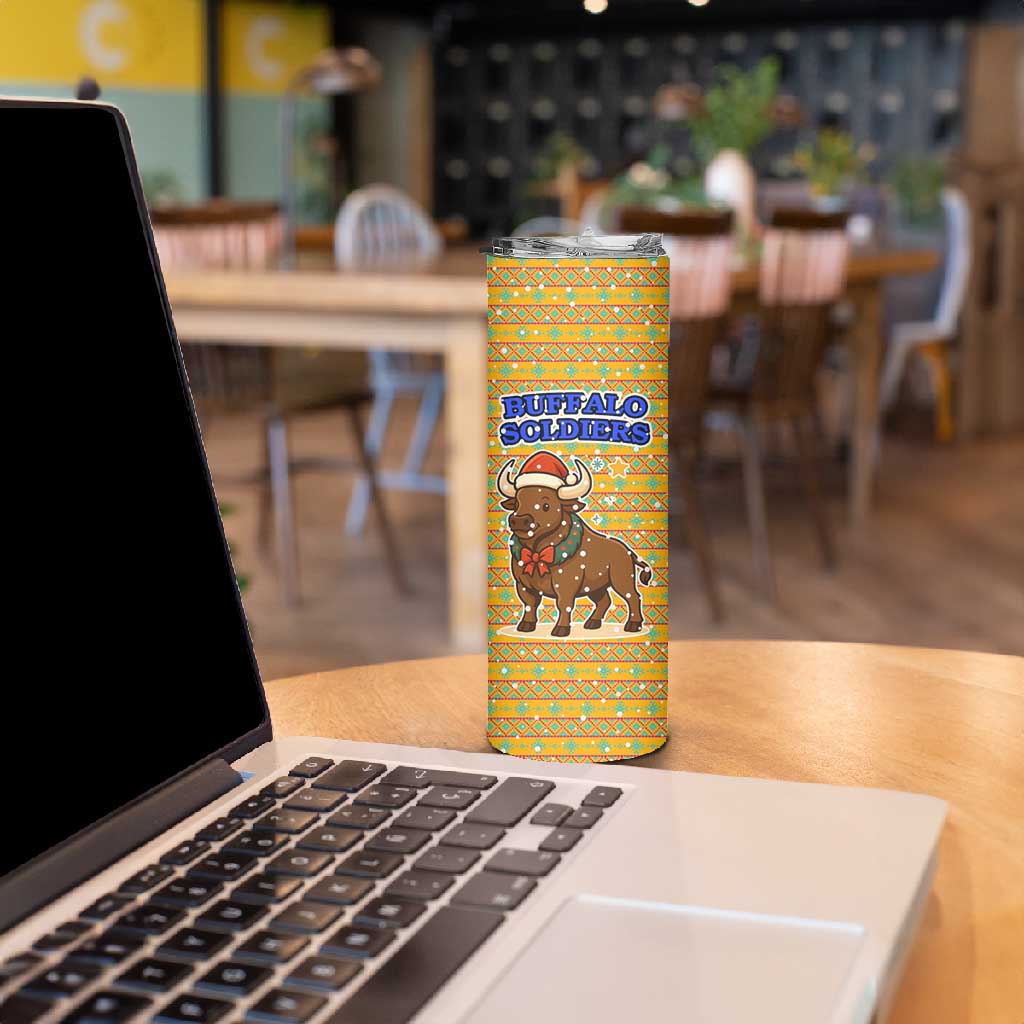 Buffalo Soldiers Christmas Skinny Tumbler Yellow Cartoon Buffalo Santa Hat Design - African Pride