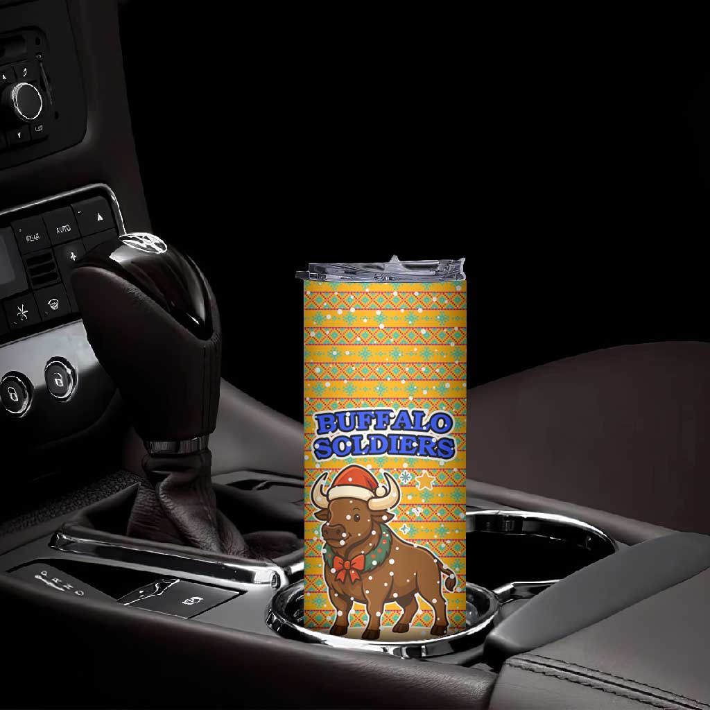 Buffalo Soldiers Christmas Skinny Tumbler Yellow Cartoon Buffalo Santa Hat Design - African Pride