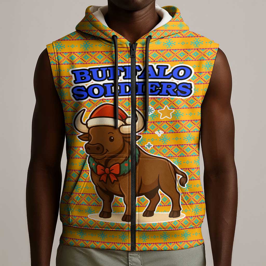 Buffalo Soldiers Christmas Sleeveless Zip Hoodie Yellow Cartoon Buffalo Santa Hat Design - African Pride