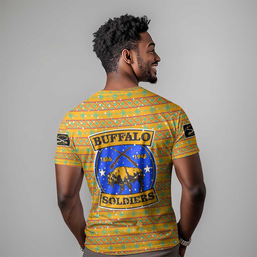 Buffalo Soldiers Christmas T shirt Yellow Cartoon Buffalo Santa Hat Design - African Pride