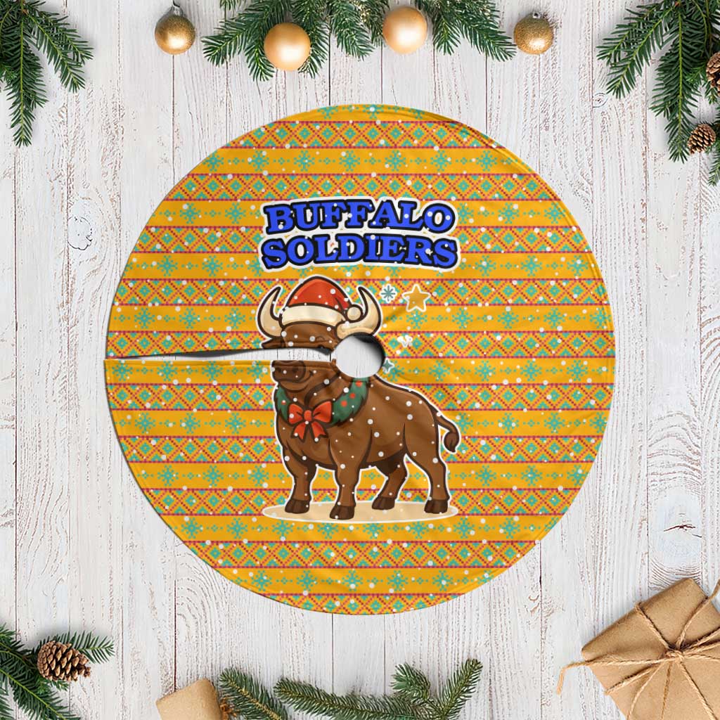 Buffalo Soldiers Christmas Tree Skirt Yellow Cartoon Buffalo Santa Hat Design - African Pride