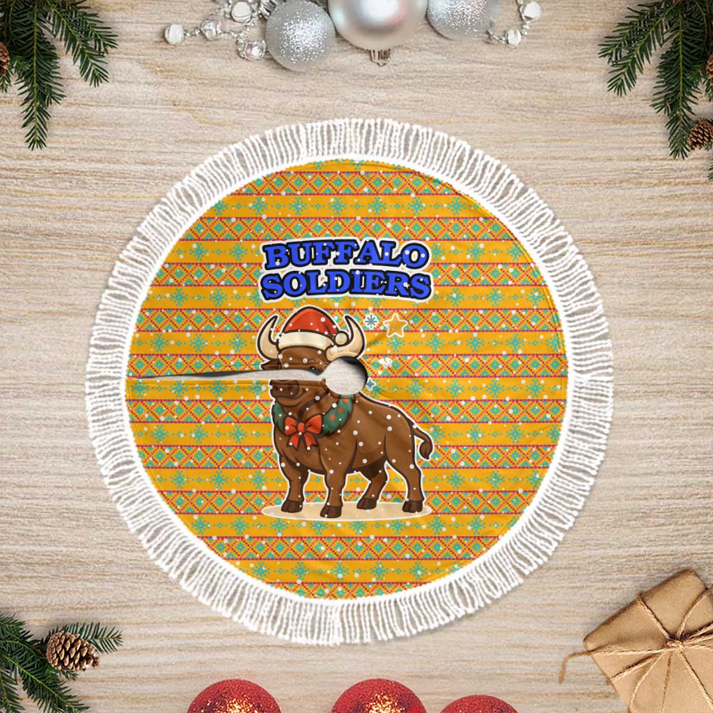 Buffalo Soldiers Christmas Tree Skirt Yellow Cartoon Buffalo Santa Hat Design - African Pride