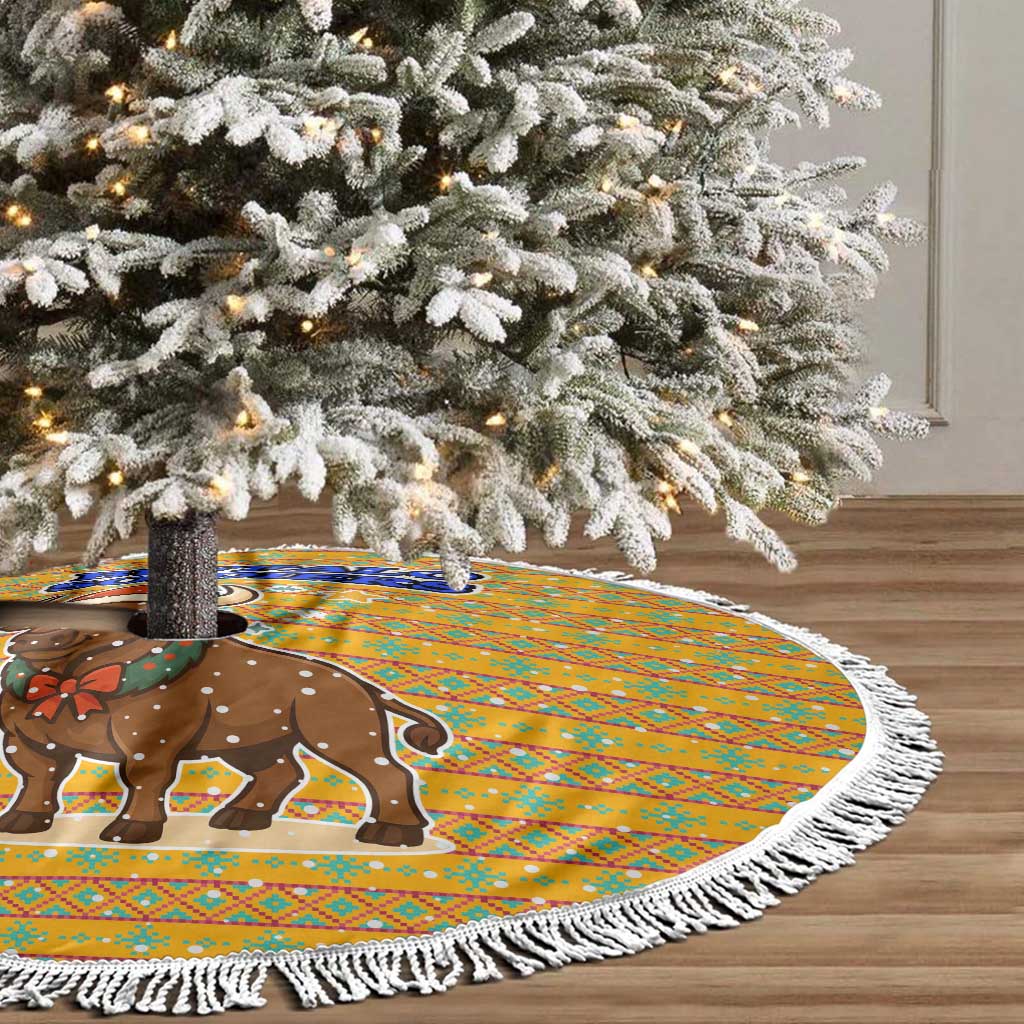 Buffalo Soldiers Christmas Tree Skirt Yellow Cartoon Buffalo Santa Hat Design - African Pride
