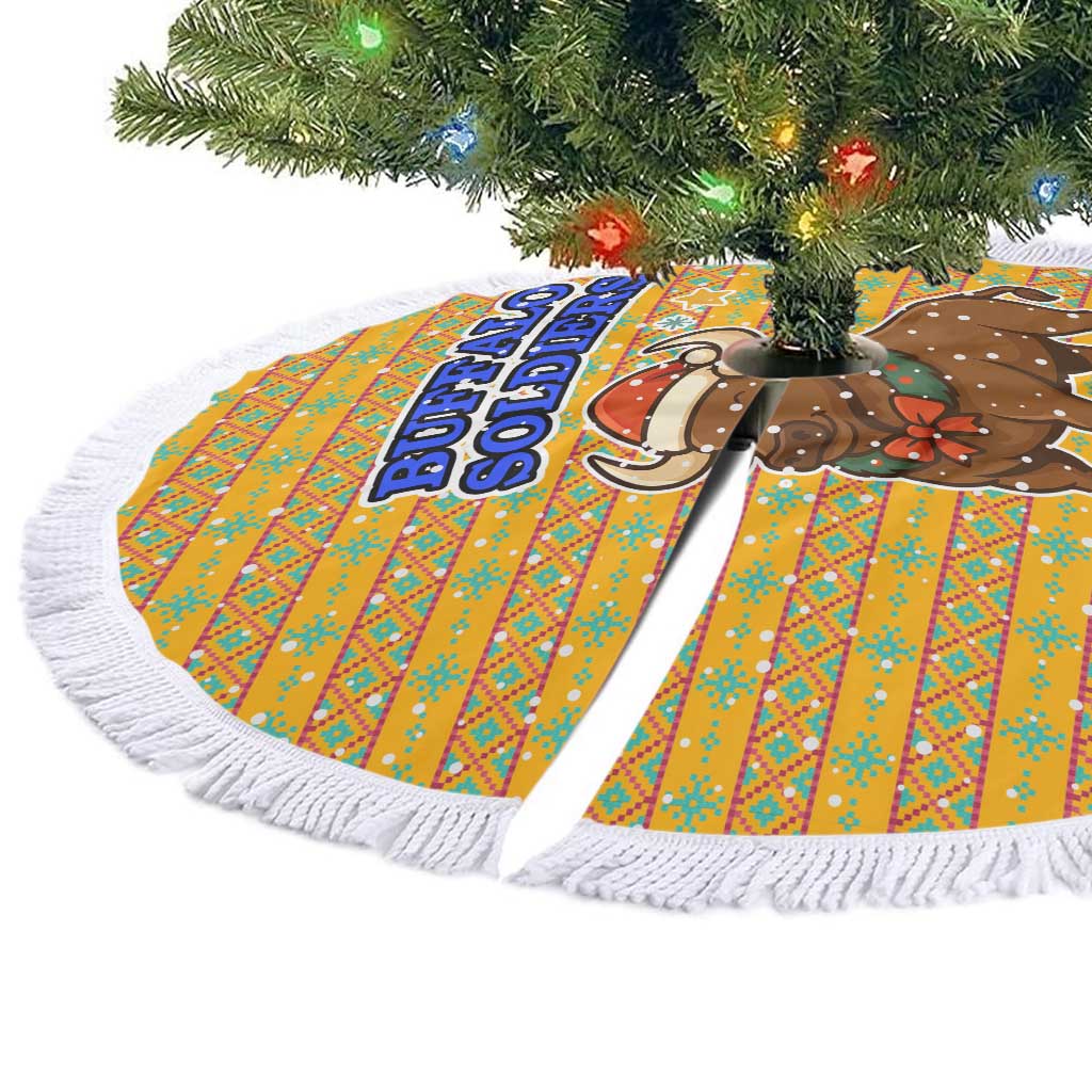 Buffalo Soldiers Christmas Tree Skirt Yellow Cartoon Buffalo Santa Hat Design - African Pride