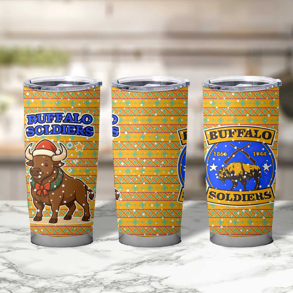 Buffalo Soldiers Christmas Tumbler Cup Yellow Cartoon Buffalo Santa Hat Design - African Pride