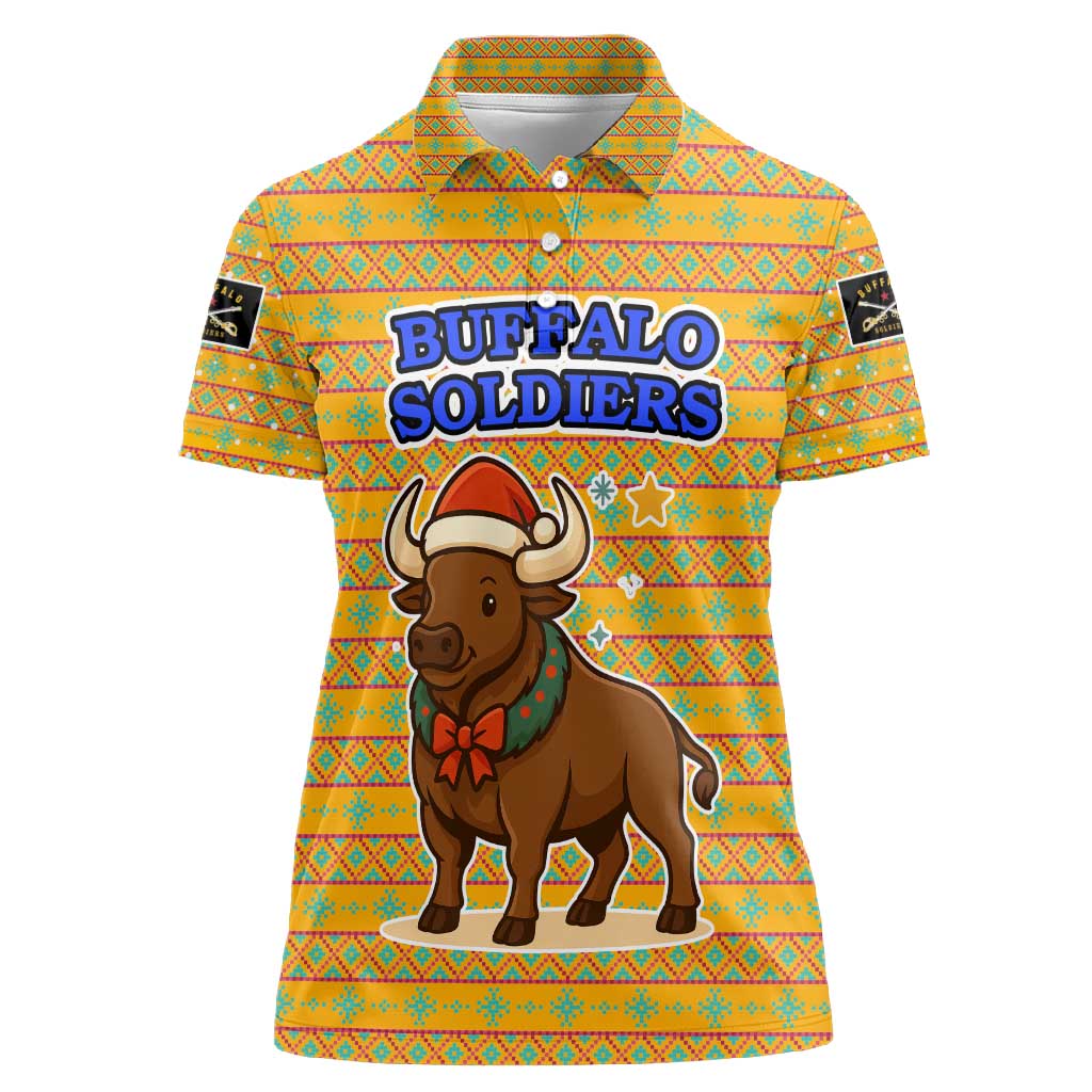 Buffalo Soldiers Christmas Women Polo Shirt Yellow Cartoon Buffalo Santa Hat Design - African Pride