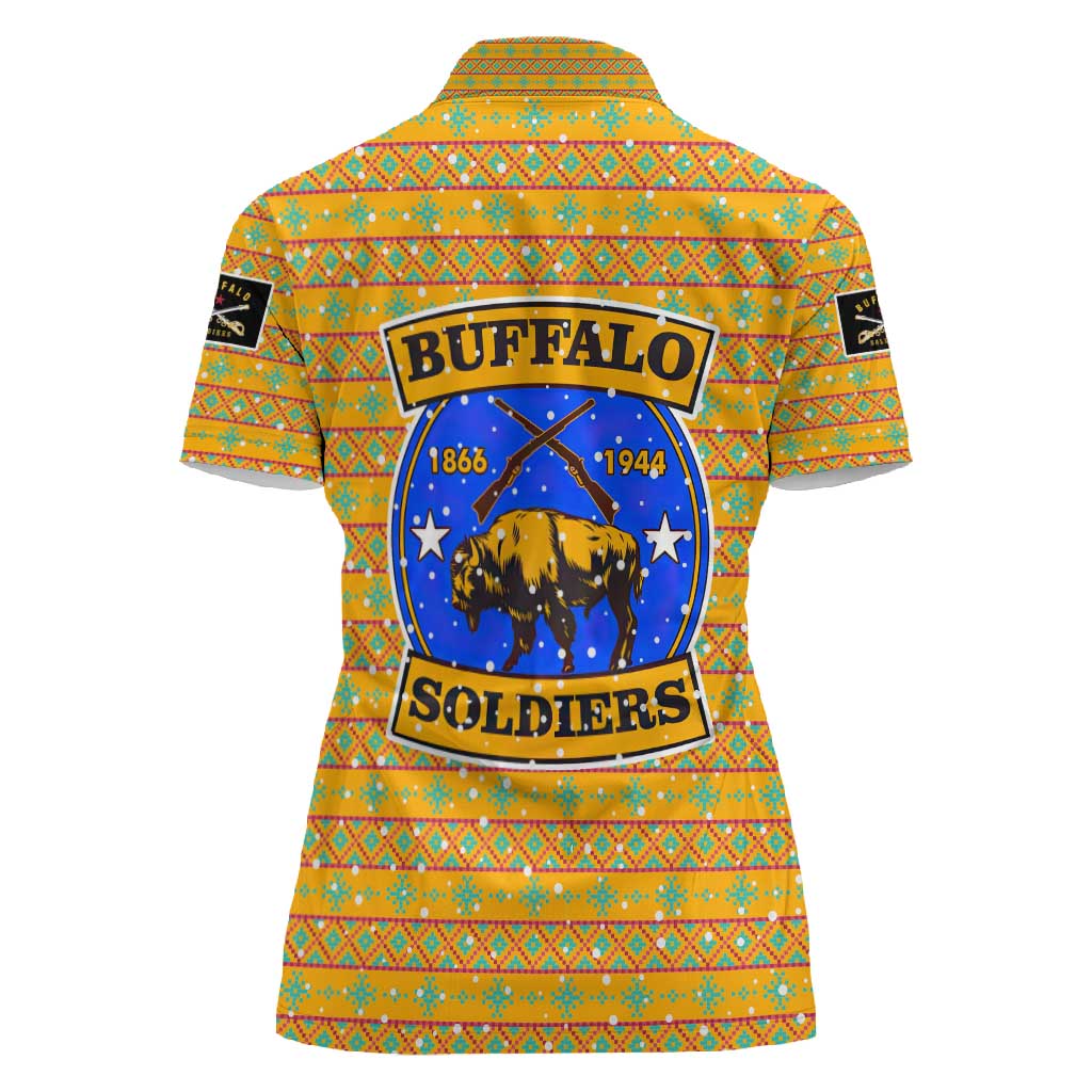 Buffalo Soldiers Christmas Women Polo Shirt Yellow Cartoon Buffalo Santa Hat Design - African Pride
