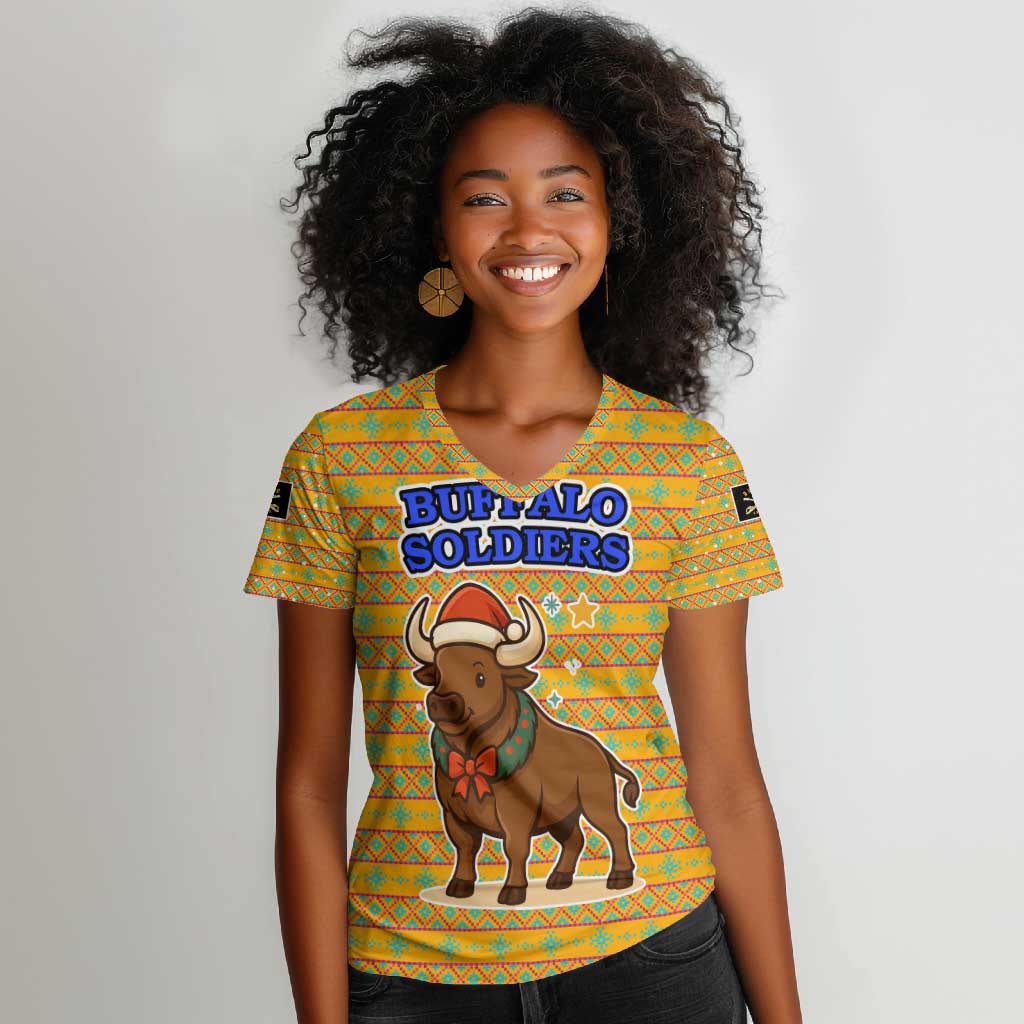 Buffalo Soldiers Christmas Women V-Neck T-Shirt Yellow Cartoon Buffalo Santa Hat Design - African Pride